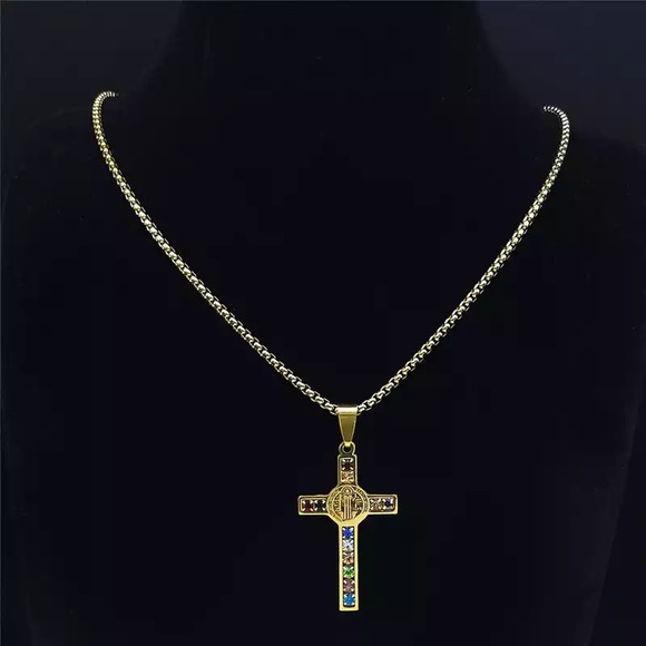 Stainless Steel Crystal Cross Pendant Necklace - Picture 4 of 12